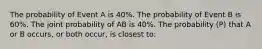 The probability of Event A is 40%. The probability of Event B is 60%. The joint probability of AB is 40%. The probability (P) that A or B occurs, or both occur, is closest to: