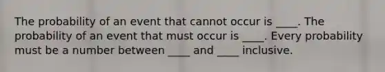 The probability of an event that cannot occur is ____. The probability of an event that must occur is ____. Every probability must be a number between ____ and ____ inclusive.