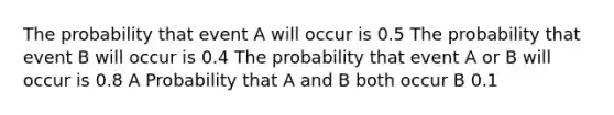 The probability that event A will occur is 0.5 The probability that event B will occur is 0.4 The probability that event A or B will occur is 0.8 A Probability that A and B both occur B 0.1