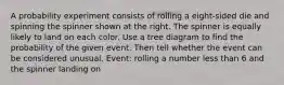 A probability experiment consists of rolling a eight​-sided die and spinning the spinner shown at the right. The spinner is equally likely to land on each color. Use a tree diagram to find the probability of the given event. Then tell whether the event can be considered unusual. ​Event: rolling a number less than 6 and the spinner landing on