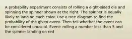 A probability experiment consists of rolling a eight​-sided die and spinning the spinner shown at the right. The spinner is equally likely to land on each color. Use a tree diagram to find the probability of the given event. Then tell whether the event can be considered unusual. Event: rolling a number less than 5 and the spinner landing on red