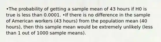 •The probability of getting a sample mean of 43 hours if H0 is true is less than 0.0001. •If there is no difference in the sample of American workers (43 hours) from the population mean (40 hours), then this sample mean would be extremely unlikely (less than 1 out of 1000 sample means).