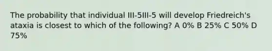 The probability that individual III-5III-5 will develop Friedreich's ataxia is closest to which of the following? A 0% B 25% C 50% D 75%