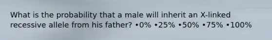 What is the probability that a male will inherit an X-linked recessive allele from his father? •0% •25% •50% •75% •100%