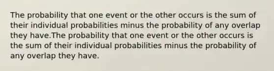 The probability that one event or the other occurs is the sum of their individual probabilities minus the probability of any overlap they have.The probability that one event or the other occurs is the sum of their individual probabilities minus the probability of any overlap they have.