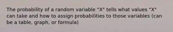 The probability of a random variable "X" tells what values "X" can take and how to assign probabilities to those variables (can be a table, graph, or formula)