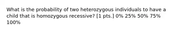 What is the probability of two heterozygous individuals to have a child that is homozygous recessive? [1 pts.] 0% 25% 50% 75% 100%