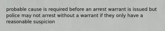 probable cause is required before an arrest warrant is issued but police may not arrest without a warrant if they only have a reasonable suspicion