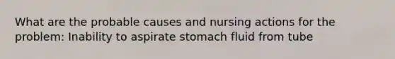 What are the probable causes and nursing actions for the problem: Inability to aspirate stomach fluid from tube