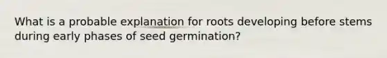 What is a probable explanation for roots developing before stems during early phases of seed germination?