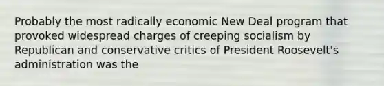 Probably the most radically economic New Deal program that provoked widespread charges of creeping socialism by Republican and conservative critics of President Roosevelt's administration was the