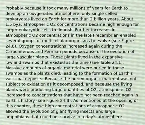 Probably because it took many millions of years for Earth to develop an oxygenated atmosphere, only single-celled prokaryotes lived on Earth for more than 2 billion years. About 1.5 bya, atmospheric O2 concentrations became high enough for larger eukaryotic cells to flourish. Further increases in atmospheric O2 concentrations in the late Precambrian enabled several groups of multicellular organisms to evolve (see Figure 24.8). Oxygen concentrations increased again during the Carboniferous and Permian periods because of the evolution of large vascular plants. These plants lived in the expansive lowland swamps that existed at the time (see Table 24.1). Massive amounts of organic material were buried in these swamps as the plants died, leading to the formation of Earth's vast coal deposits. Because the buried organic material was not subject to oxidation as it decomposed, and because the living plants were producing large quantities of O2, atmospheric O2 increased to concentrations that have not been reached again in Earth's history (see Figure 24.8). As mentioned at the opening of this chapter, these high concentrations of atmospheric O2 allowed the evolution of giant flying insects and large amphibians that could not survive in today's atmosphere.