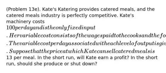 (Problem 13e). Kate's Katering provides catered meals, and the catered meals industry is perfectly competitive. Kate's machinery costs 100 per day and is the only fixed input. Her variable cost consists of the wages paid to the cooks and the food ingredients. The variable cost per day associated with each level of output is given in the accompanying table. Suppose that the price at which Kate can sell catered meals is13 per meal. In the short run, will Kate earn a profit? In the short run, should she produce or shut down?