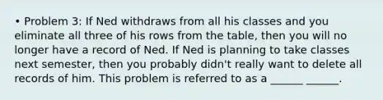 • Problem 3: If Ned withdraws from all his classes and you eliminate all three of his rows from the table, then you will no longer have a record of Ned. If Ned is planning to take classes next semester, then you probably didn't really want to delete all records of him. This problem is referred to as a ______ ______.