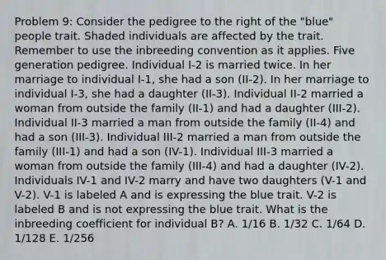 Problem 9: Consider the pedigree to the right of the "blue" people trait. Shaded individuals are affected by the trait. Remember to use the inbreeding convention as it applies. Five generation pedigree. Individual I-2 is married twice. In her marriage to individual I-1, she had a son (II-2). In her marriage to individual I-3, she had a daughter (II-3). Individual II-2 married a woman from outside the family (II-1) and had a daughter (III-2). Individual II-3 married a man from outside the family (II-4) and had a son (III-3). Individual III-2 married a man from outside the family (III-1) and had a son (IV-1). Individual III-3 married a woman from outside the family (III-4) and had a daughter (IV-2). Individuals IV-1 and IV-2 marry and have two daughters (V-1 and V-2). V-1 is labeled A and is expressing the blue trait. V-2 is labeled B and is not expressing the blue trait. What is the inbreeding coefficient for individual B? A. 1/16 B. 1/32 C. 1/64 D. 1/128 E. 1/256