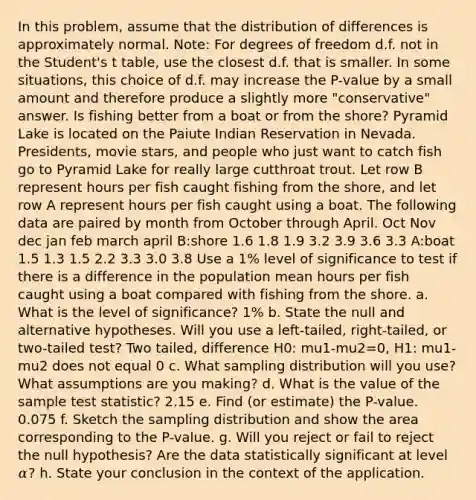 In this problem, assume that the distribution of differences is approximately normal. Note: For degrees of freedom d.f. not in the Student's t table, use the closest d.f. that is smaller. In some situations, this choice of d.f. may increase the P-value by a small amount and therefore produce a slightly more "conservative" answer. Is fishing better from a boat or from the shore? Pyramid Lake is located on the Paiute Indian Reservation in Nevada. Presidents, movie stars, and people who just want to catch fish go to Pyramid Lake for really large cutthroat trout. Let row B represent hours per fish caught fishing from the shore, and let row A represent hours per fish caught using a boat. The following data are paired by month from October through April. Oct Nov dec jan feb march april B:shore 1.6 1.8 1.9 3.2 3.9 3.6 3.3 A:boat 1.5 1.3 1.5 2.2 3.3 3.0 3.8 Use a 1% level of significance to test if there is a difference in the population mean hours per fish caught using a boat compared with fishing from the shore. a. What is the level of significance? 1% b. State the null and alternative hypotheses. Will you use a left-tailed, right-tailed, or two-tailed test? Two tailed, difference H0: mu1-mu2=0, H1: mu1-mu2 does not equal 0 c. What sampling distribution will you use? What assumptions are you making? d. What is the value of the sample test statistic? 2.15 e. Find (or estimate) the P-value. 0.075 f. Sketch the sampling distribution and show the area corresponding to the P-value. g. Will you reject or fail to reject the null hypothesis? Are the data statistically significant at level 𝛼? h. State your conclusion in the context of the application.