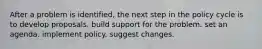 After a problem is identified, the next step in the policy cycle is to develop proposals. build support for the problem. set an agenda. implement policy. suggest changes.