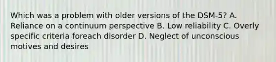 Which was a problem with older versions of the DSM-5? A. Reliance on a continuum perspective B. Low reliability C. Overly specific criteria foreach disorder D. Neglect of unconscious motives and desires