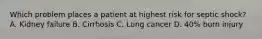 Which problem places a patient at highest risk for septic shock? A. Kidney failure B. Cirrhosis C. Lung cancer D. 40% burn injury