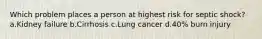 Which problem places a person at highest risk for septic shock? a.Kidney failure b.Cirrhosis c.Lung cancer d.40% burn injury