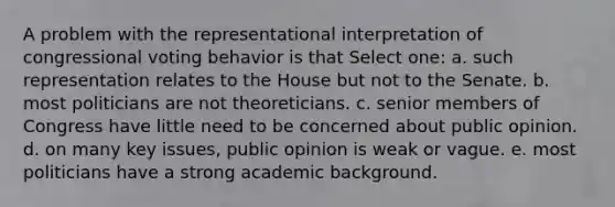 A problem with the representational interpretation of congressional voting behavior is that Select one: a. such representation relates to the House but not to the Senate. b. most politicians are not theoreticians. c. senior members of Congress have little need to be concerned about public opinion. d. on many key issues, public opinion is weak or vague. e. most politicians have a strong academic background.