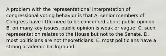 A problem with the representational interpretation of congressional voting behavior is that A. senior members of Congress have little need to be concerned about public opinion. B. on many key issues, public opinion is weak or vague. C. such representation relates to the House but not to the Senate. D. most politicians are not theoreticians. E. most politicians have a strong academic background.