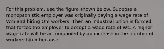 For this problem, use the figure shown below. Suppose a monopsonistic employer was originally paying a wage rate of Wm and hiring Qm workers. Then an industrial union is formed that forces the employer to accept a wage rate of Wc. A higher wage rate will be accompanied by an increase in the number of workers hired because