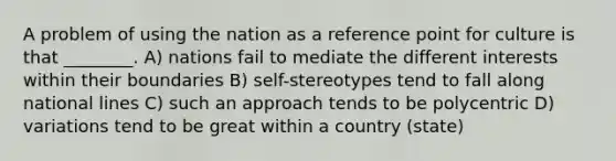 A problem of using the nation as a reference point for culture is that ________. A) nations fail to mediate the different interests within their boundaries B) self-stereotypes tend to fall along national lines C) such an approach tends to be polycentric D) variations tend to be great within a country (state)