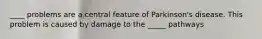 ____ problems are a central feature of Parkinson's disease. This problem is caused by damage to the _____ pathways