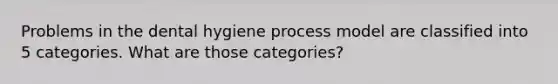 Problems in the dental hygiene process model are classified into 5 categories. What are those categories?