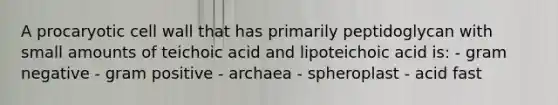 A procaryotic cell wall that has primarily peptidoglycan with small amounts of teichoic acid and lipoteichoic acid is: - gram negative - gram positive - archaea - spheroplast - acid fast