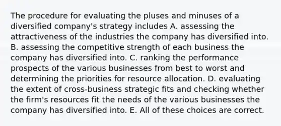 The procedure for evaluating the pluses and minuses of a diversified company's strategy includes A. assessing the attractiveness of the industries the company has diversified into. B. assessing the competitive strength of each business the company has diversified into. C. ranking the performance prospects of the various businesses from best to worst and determining the priorities for resource allocation. D. evaluating the extent of cross-business strategic fits and checking whether the firm's resources fit the needs of the various businesses the company has diversified into. E. All of these choices are correct.