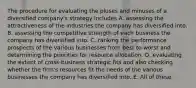 The procedure for evaluating the pluses and minuses of a diversified company's strategy includes A. assessing the attractiveness of the industries the company has diversified into. B. assessing the competitive strength of each business the company has diversified into. C. ranking the performance prospects of the various businesses from best to worst and determining the priorities for resource allocation. D. evaluating the extent of cross-business strategic fits and also checking whether the firm's resources fit the needs of the various businesses the company has diversified into. E. All of these.