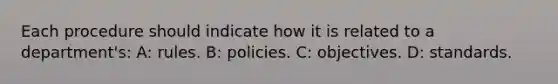 Each procedure should indicate how it is related to a department's: A: rules. B: policies. C: objectives. D: standards.