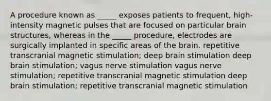 A procedure known as _____ exposes patients to frequent, high-intensity magnetic pulses that are focused on particular brain structures, whereas in the _____ procedure, electrodes are surgically implanted in specific areas of the brain. repetitive transcranial magnetic stimulation; deep brain stimulation deep brain stimulation; vagus nerve stimulation vagus nerve stimulation; repetitive transcranial magnetic stimulation deep brain stimulation; repetitive transcranial magnetic stimulation