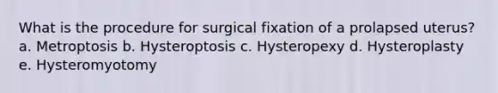 What is the procedure for surgical fixation of a prolapsed uterus? a. Metroptosis b. Hysteroptosis c. Hysteropexy d. Hysteroplasty e. Hysteromyotomy