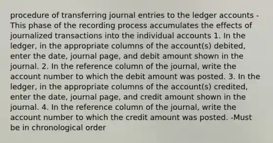 procedure of transferring journal entries to the ledger accounts -This phase of the recording process accumulates the effects of journalized transactions into the individual accounts 1. In the ledger, in the appropriate columns of the account(s) debited, enter the date, journal page, and debit amount shown in the journal. 2. In the reference column of the journal, write the account number to which the debit amount was posted. 3. In the ledger, in the appropriate columns of the account(s) credited, enter the date, journal page, and credit amount shown in the journal. 4. In the reference column of the journal, write the account number to which the credit amount was posted. -Must be in chronological order