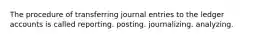 The procedure of transferring journal entries to the ledger accounts is called reporting. posting. journalizing. analyzing.