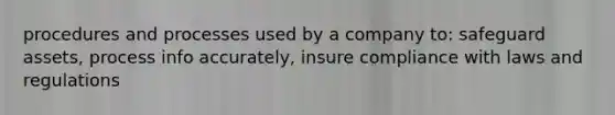 procedures and processes used by a company to: safeguard assets, process info accurately, insure compliance with laws and regulations