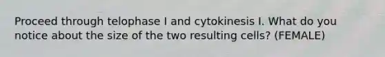 Proceed through telophase I and cytokinesis I. What do you notice about the size of the two resulting cells? (FEMALE)