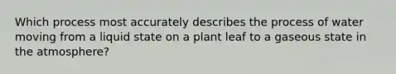 Which process most accurately describes the process of water moving from a liquid state on a plant leaf to a gaseous state in the atmosphere?