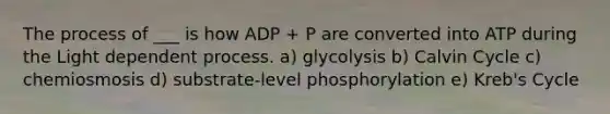 The process of ___ is how ADP + P are converted into ATP during the Light dependent process. a) glycolysis b) Calvin Cycle c) chemiosmosis d) substrate-level phosphorylation e) Kreb's Cycle