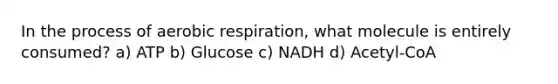 In the process of aerobic respiration, what molecule is entirely consumed? a) ATP b) Glucose c) NADH d) Acetyl-CoA