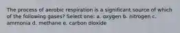 The process of aerobic respiration is a significant source of which of the following gases? Select one: a. oxygen b. nitrogen c. ammonia d. methane e. carbon dioxide