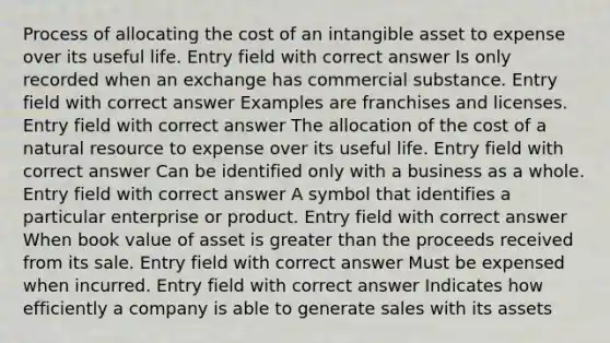 Process of allocating the cost of an intangible asset to expense over its useful life. Entry field with correct answer Is only recorded when an exchange has commercial substance. Entry field with correct answer Examples are franchises and licenses. Entry field with correct answer The allocation of the cost of a natural resource to expense over its useful life. Entry field with correct answer Can be identified only with a business as a whole. Entry field with correct answer A symbol that identifies a particular enterprise or product. Entry field with correct answer When book value of asset is <a href='https://www.questionai.com/knowledge/ktgHnBD4o3-greater-than' class='anchor-knowledge'>greater than</a> the proceeds received from its sale. Entry field with correct answer Must be expensed when incurred. Entry field with correct answer Indicates how efficiently a company is able to generate sales with its assets