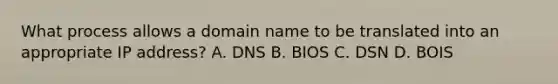 What process allows a domain name to be translated into an appropriate IP address? A. DNS B. BIOS C. DSN D. BOIS