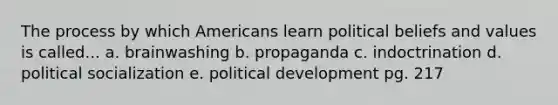 The process by which Americans learn political beliefs and values is called... a. brainwashing b. propaganda c. indoctrination d. political socialization e. political development pg. 217