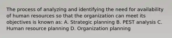 The process of analyzing and identifying the need for availability of human resources so that the organization can meet its objectives is known as: A. Strategic planning B. PEST analysis C. Human resource planning D. Organization planning