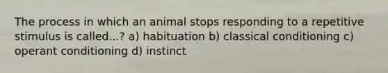 The process in which an animal stops responding to a repetitive stimulus is called...? a) habituation b) classical conditioning c) operant conditioning d) instinct