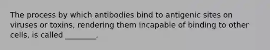 The process by which antibodies bind to antigenic sites on viruses or toxins, rendering them incapable of binding to other cells, is called ________.